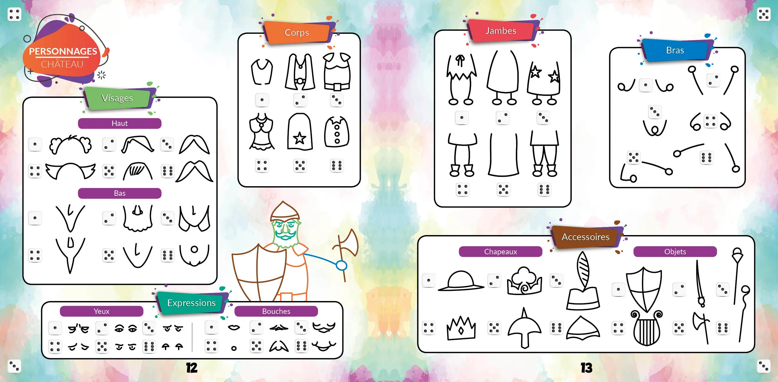 Planche à imprimer, pages 12 et 13 de Dessine et raconte : visages, corps, jambes, bras, expressions et accessoires du château à combiner avec un dé, et un chevalier assemblé
