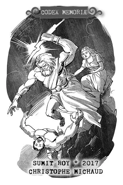Illustration de Sumit Roy : Zeus brandit la foudre au-dessus d'un homme qui chute