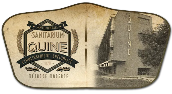 Réclame d’époque du sanitarium Quine, « établissement spécialisé, méthode moderne, 1928 », avec la façade du bâtiment