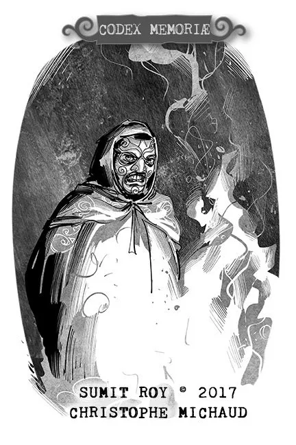 Illustration de Sumit Roy : une silhouette encapuchonnée au masque ouvragé